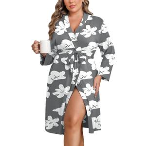 Ekouaer Women Plus Size Robe Knee Length Lightweight Bathrobe Short Kimono Robes with Pockets Maternity Robe 1X-5X (4X, Floral Gray)