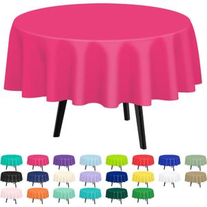 QIKSION Hot Pink Round Tablecloth 2 Pack, 84 Inch Plastic Table Cover Disposable for Parties