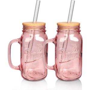 ANOITON Tumbler with Handle and Straw, 24 oz Pink Mason Jars with Handles Drinking Glasses Pink Glassware Colored Glass Cups with Lids and Straws Gifts for Women Birthday Gifts for Women