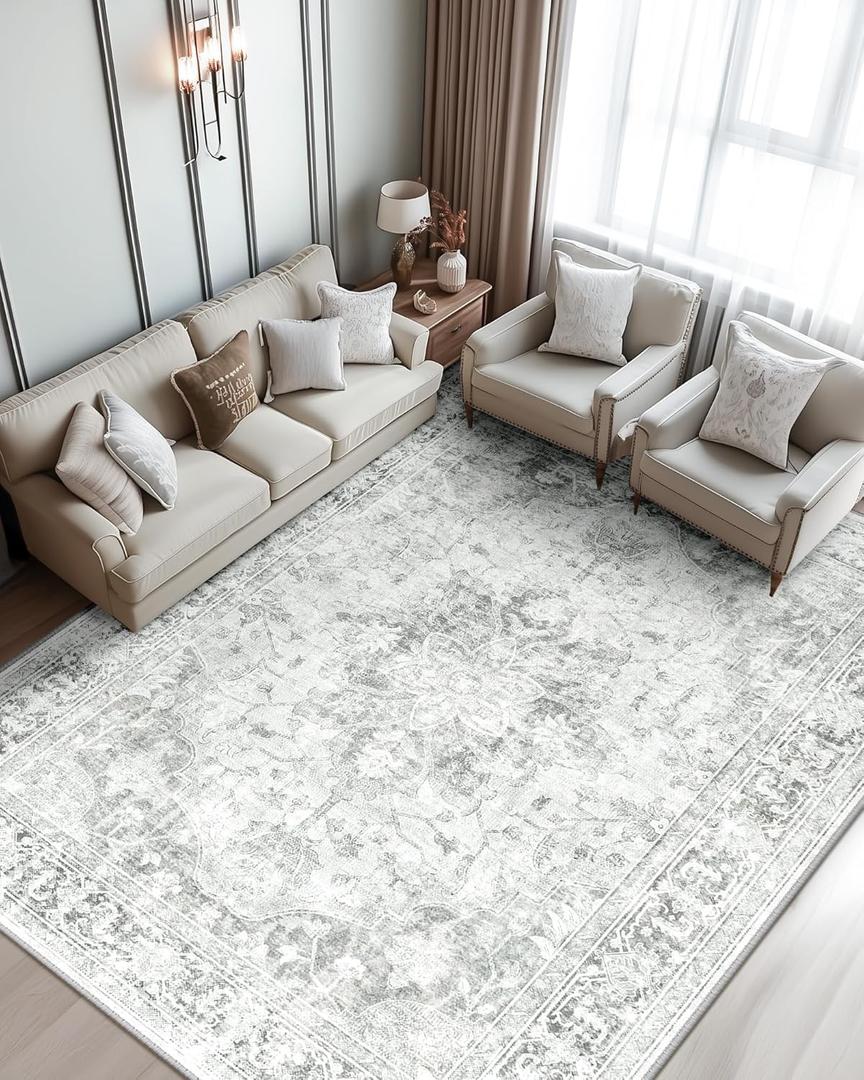 Area Rugs 8'x10' Washable Non-Slip, Floral Vintage Distress Print Pattern Medallion Carpet for Living Room Bedroom Dining Room, White Gray, Light Grey (8x10)