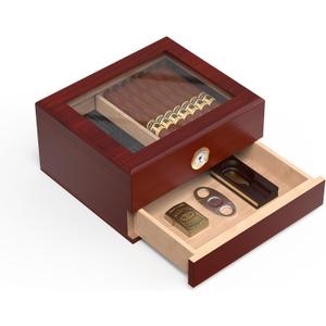 Cigar Humidor Case with Mechanical Hygrometer, Cigar Humidor Glass Top Cigar Case Humidifiers, Humidor Box Cigar Cases for Men Cigar Desktop Humidors Cigars hold 25-50 Counts, Red