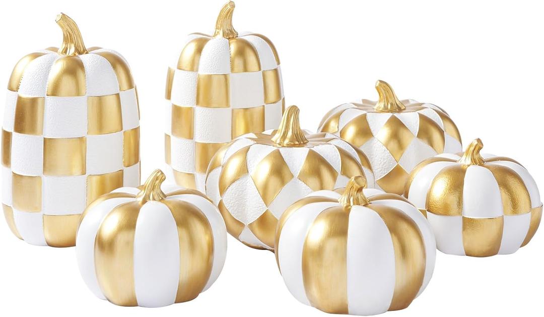 WDS WONDROUS 7PCS Fall Pumpkin Decor Thanksgiving, White and Gold Checkered Pumpkin Decorations for Home, Modern Fake Pumpkins for Farmhouse & Front Porch Decor, Dining Table Centerpiece
