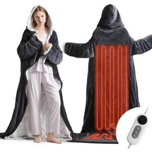 Wearable Heated Blanket Electric Throw Blanket, 10 Heat Settings & 12H Timer, 50''x77'' Portable Heated Blankets, Warm Robe Flannel & Sherpa Heated Throw Wrap Shawl, Wearable for Home Office, Grey