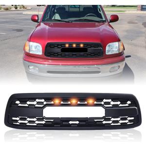 Front Grill Compatible with 2000 2001 2002 Tundra, Front TRD Style Grille Replacement with 3 Amber LED Lights Accessories, Matte Black