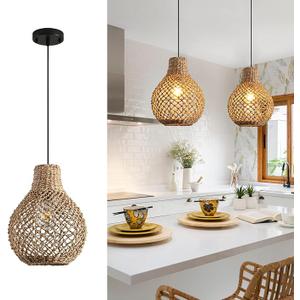 3-Light Rattan Pendant Light, 16.54 Inches,Hand-Woven Boho Pendant Light, Wicker Chandelier Light fixturer for Dining Room, Living Room, Bedroom, Kitchen, Farmhouse Chandelie