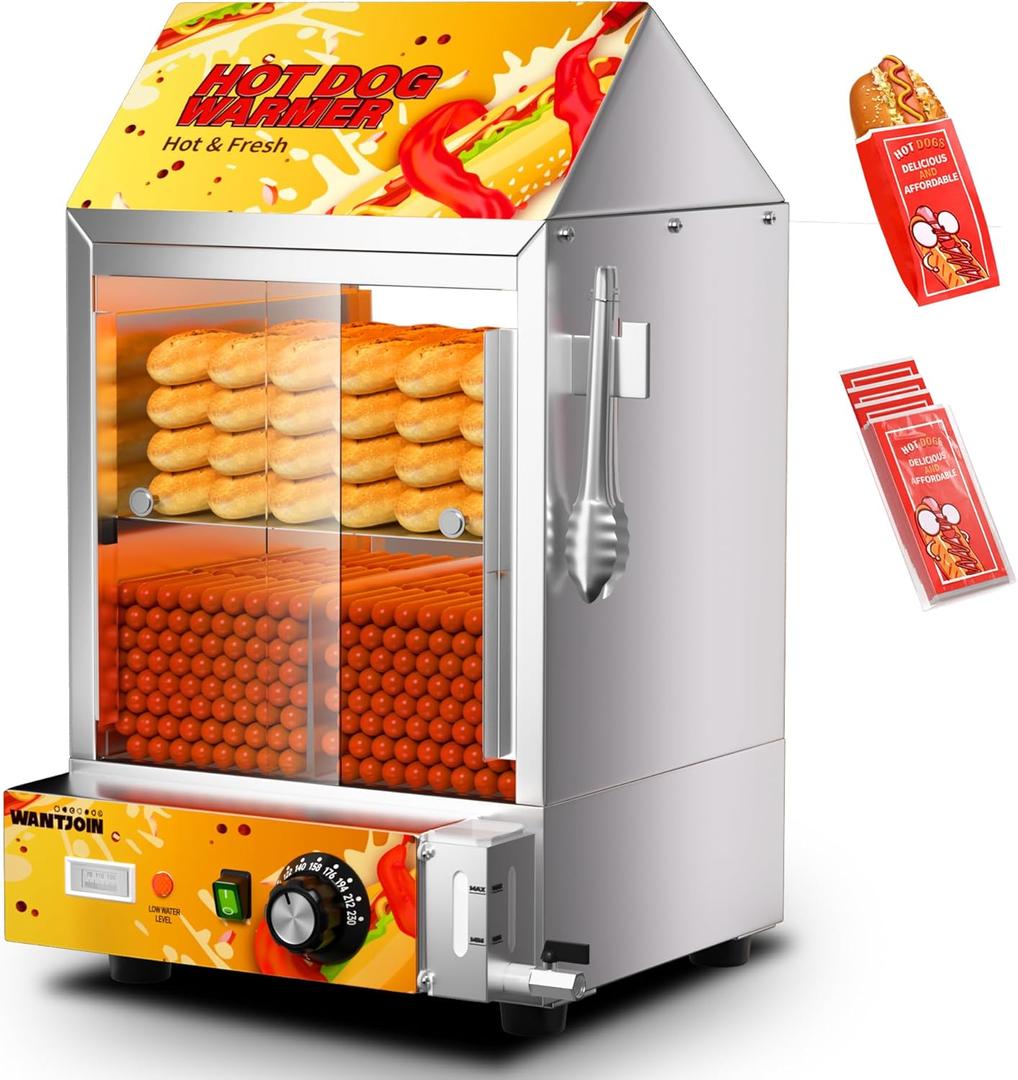 WantJoin Hot Dog Steamer - 28.8QT Electric Commercial Hot Dog Steaming Machine with Bun Warmer, Glass Sliding Door for 175 Hot Dogs and 40 Buns Adjustable Temperature (Yellow)