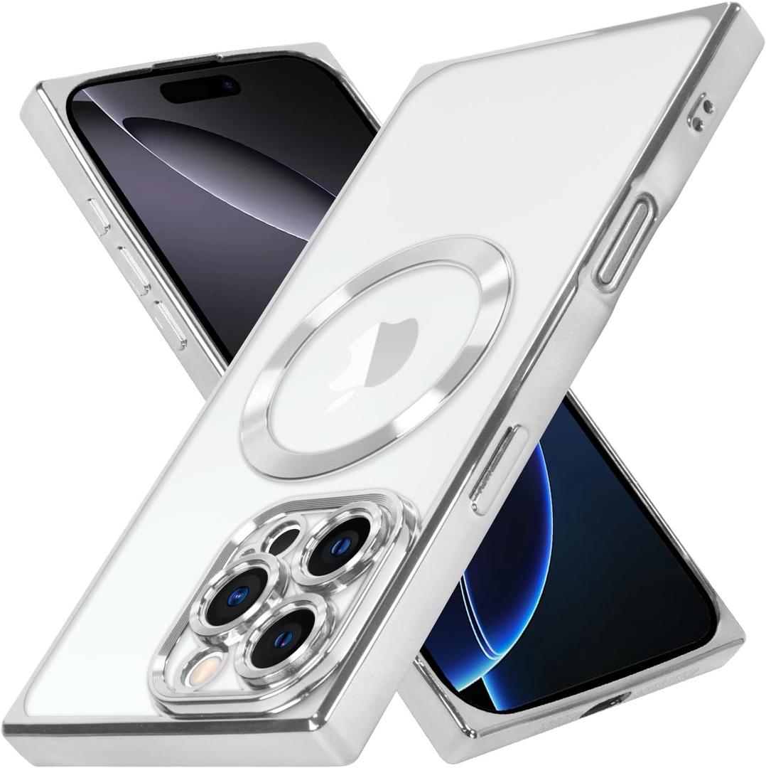 ZIYE Clear Magnetic Case for iPhone 16 Pro Case [Compatible with MagSafe] Luxury Slim Soft Shockproof Support Wireless Charging Phone Cover for Women Girls Girly-Silver