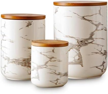 Tenforie Ceramic Canister Set with Bamboo Airtight Lids, 3-Piece Kitchen Storage Jars (48oz, 30oz, 12oz) – White with Gold Marble Pattern, Glossy Finish, for Coffee, Sugar, Flour & More