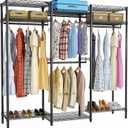 ROOMTEC Portable Closet Heavy Duty Clothes Rack Freestanding Wardrobe Closet Load 1000 LBS with Adjustable Wire Shelves, Hanging Rods, Hooks, 70.8" L x 15.1" W x 76.7" H, Black
