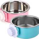 Stainless Steel Removable Pet Food Bowl, Anti-overturn Water Feeder Container, Suitable for Small Dog/Cat/Rabbit, 2 Set of Crate Bowls, Easy to Install and Clean (Pink/Blue)