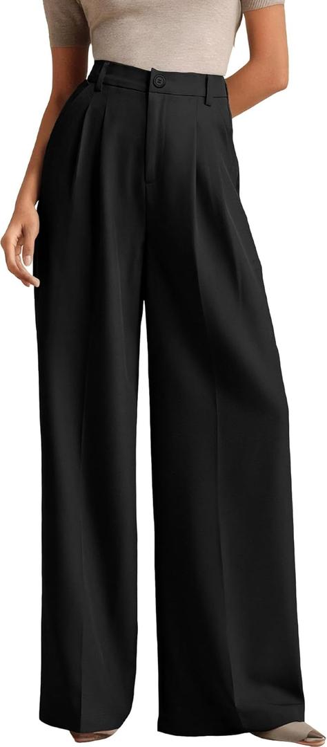 ELLEVEN Women's Casual Wide Leg Dress-Pants, High Elastic Waisted in The Back Business Flowy Trousers with Pockets (Black), Size: Small