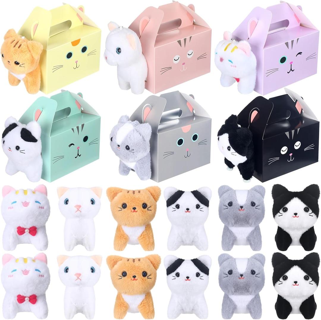 Fainne 12 Sets Adopt a Pet Cat Party Favors Include 12 Pcs Cat Favors Boxes with 12 Pcs Mini Kitten Stuffed Animals Foldable Treat Gift Box Kitten Theme Stuffed Animal Adopt a Pet Birthday Party Gifts