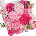 TINGE TIME Rose Artificial Flowers Combo, Hot Pink Fake Foam Dahlia with Stems for DIY Wedding Bouquets Baby Shower Party Table Centerpieces Home Decorations