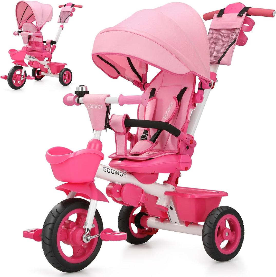 EOOWOY Toddler Tricycle with Push Handle, 7 in 1 Stroller Trike with 360 Swivel Seat, Reclining Backrest, All-Terrain Wheels, Dual Brakes, Canopy & Storage, Gift for Kids 18 Months to 5 Years, Pink, Medium