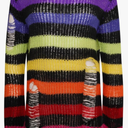 Ro Rox Gothic Knitted Jumper with Distressed Look - Oversized Pullover with Ripped Design, Long Sleeves, Loose Fit, 90s Grunge Style Stripe Pattern, Multicolor, XL