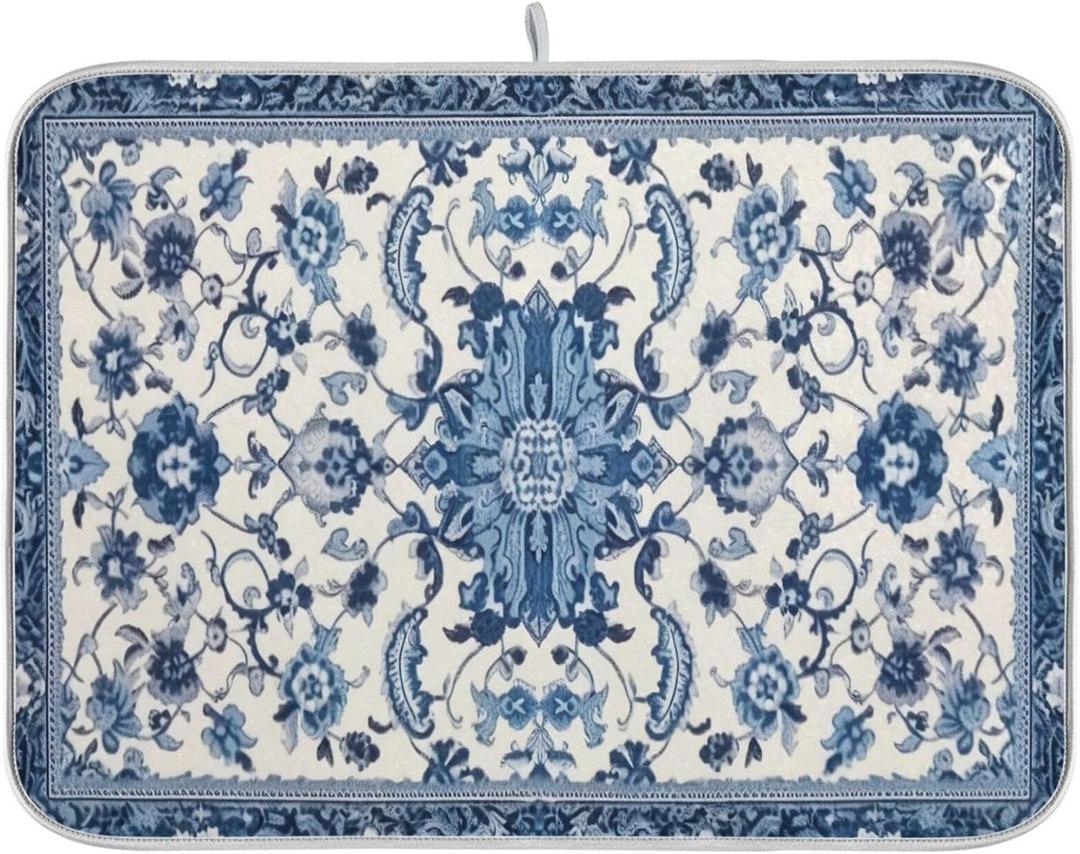 Dish Drying Mat Kitchen Counter Absorbent Blue and White Pattern Coffee Sink Mat Dish Drainer Pad 18 Inch x 24 Inch