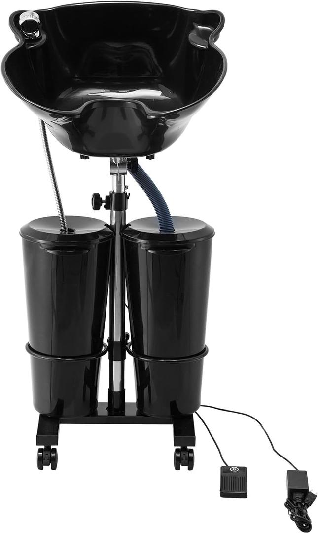 VEVOR Portable Shampoo Bowl, Shampoo Sink for Washing Hair with Electric Pump, Includes 2 Buckets 2 Showerheads, Drain Hose, Height and Angle Adjustable Portable Wash Bowl for Home Salon Use, Black, 18.9x19.69xinch