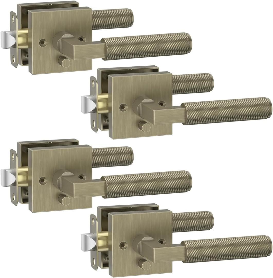 Asidrama 4 Pack Brushed Antique Brass Privacy Door Handles, Door Lever with Door Knobs Indoor for Bedroom or Bathroom, Heavy Duty Door Handles Interior with Locks for Left Right Sided Doors