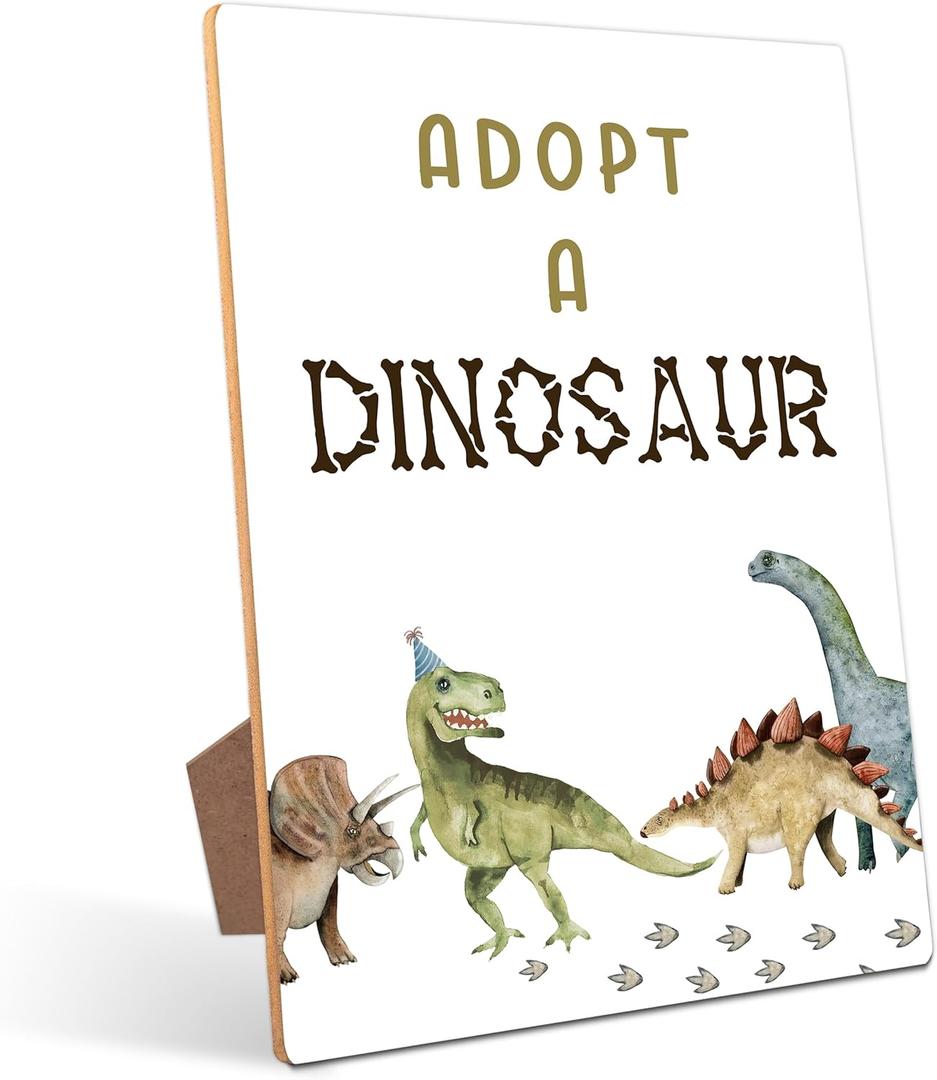 Adopt a Dinosaur Table Sign - Dinosaur Party Decor, Perfect for Birthday Party, Birthday Decorations, 811 Wooden Party Sign with Stand