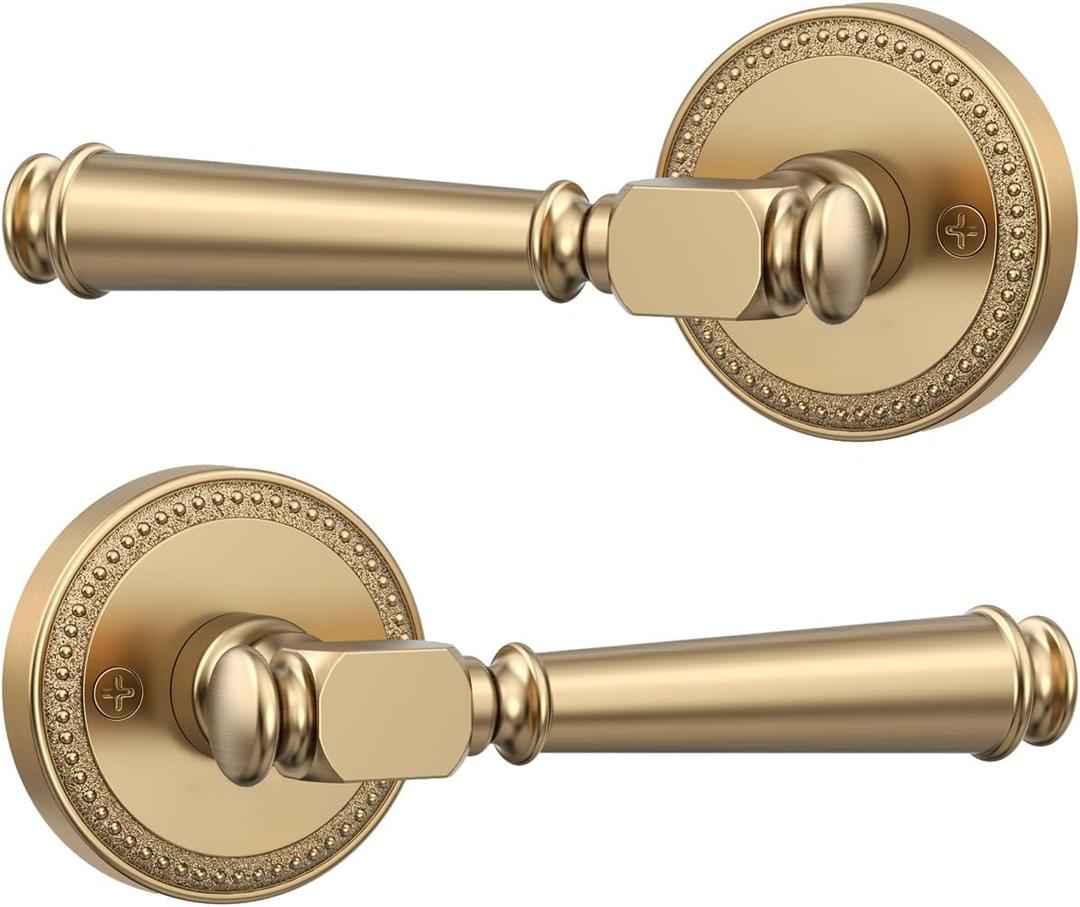 Amerdeco 2 Pack Champagne Bronze Dummy Door Handles, Decorative Non-Turning Door Lever with Door Knobs for Closet, French Double Doors, Pantries & Interior Push/Pull Doors.AM0034