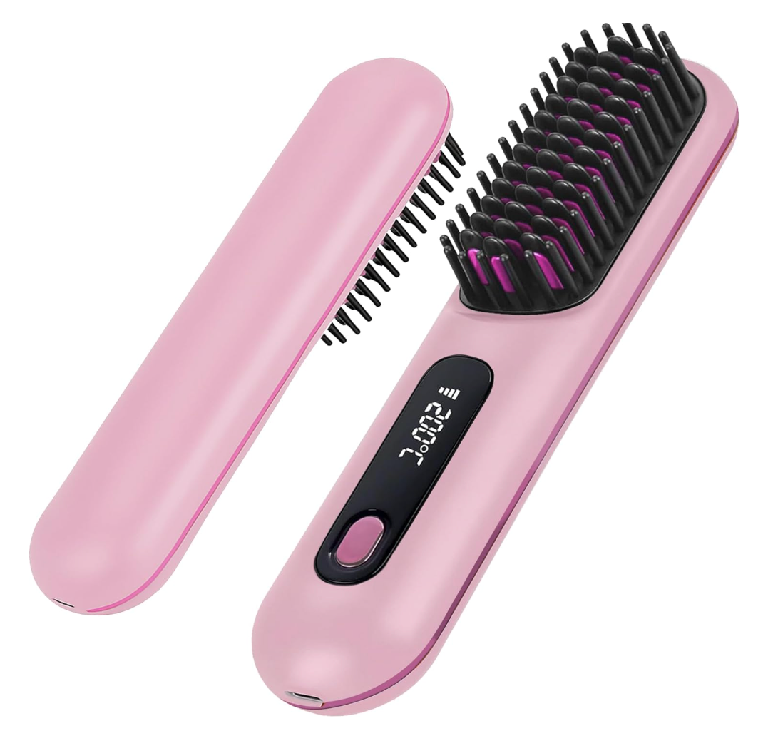 NUMOYA Go Brush Pro Portable Cordless Hair Straightener Brushs for Travel, with 30s Fast Heat, 3 Temperature Settings (Pink)