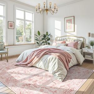 Pink Area Rugs 8x10 Rugs for Living Room, Traditional Washable Rugs for Bedroom Distressed Large Area Rug Living Room Rug Non Slip Rug Carpet for Dining Nursery