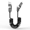 AGVEE 5ft 4-in-1 Coiled Multi USB C Charging Cable, Secure-Slide No-Loss Adapters, Slim Tips Fit Thick Cases, Lightning End Reinforced, PD 60W for iPhone Carplay, Samsung, iPad, Black