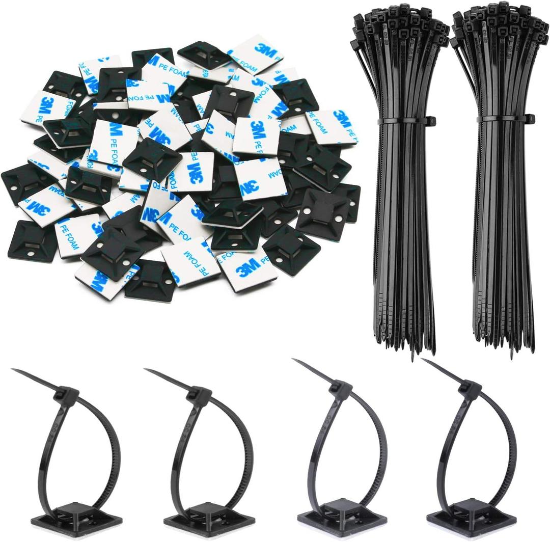 100 Pack 1.1 inch Zip Tie Adhesive Mounts Self Adhesive Cable Tie Base Holders with Multi-Purpose Tie wire clips with screw hole,Anchor stick on wire holder with 8 inch zip tiesBlack