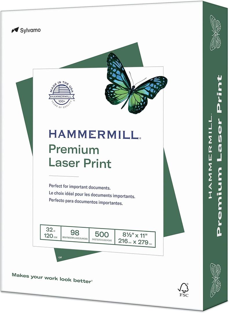 Hammermill Printer Paper, Premium Laser Print 32 lb, 8.5 x 11-98 Bright, Made in The USA, 104646R - 1 Ream (500 Sheets)