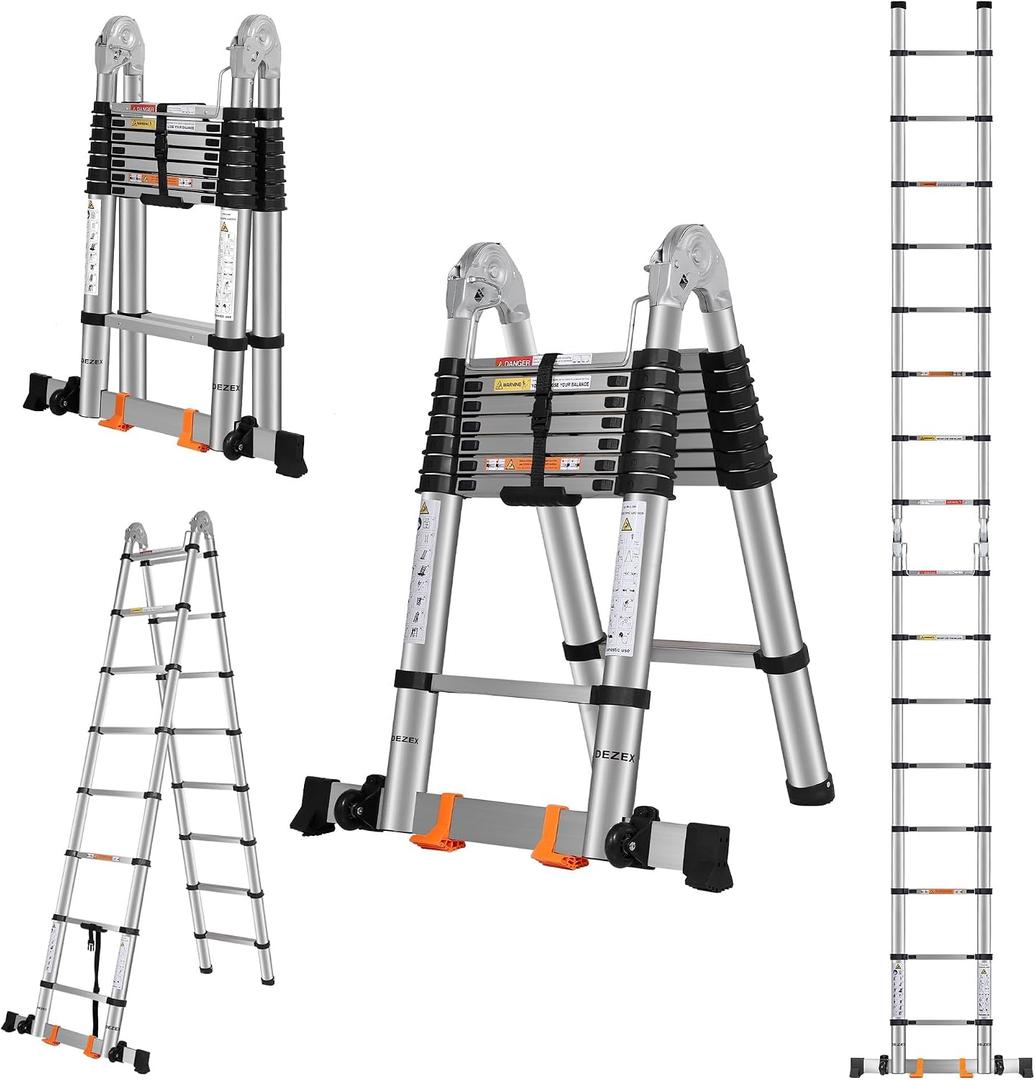DEZEX A Frame Telescoping Ladders 16.5 FT Stainless Steel,Telescopic Ladder 330lbs Capacity Compact Ladder with Balance Bar and Movable Wheels,Multi-Purpose Collapsible Ladder for Indoor Outdoor Work