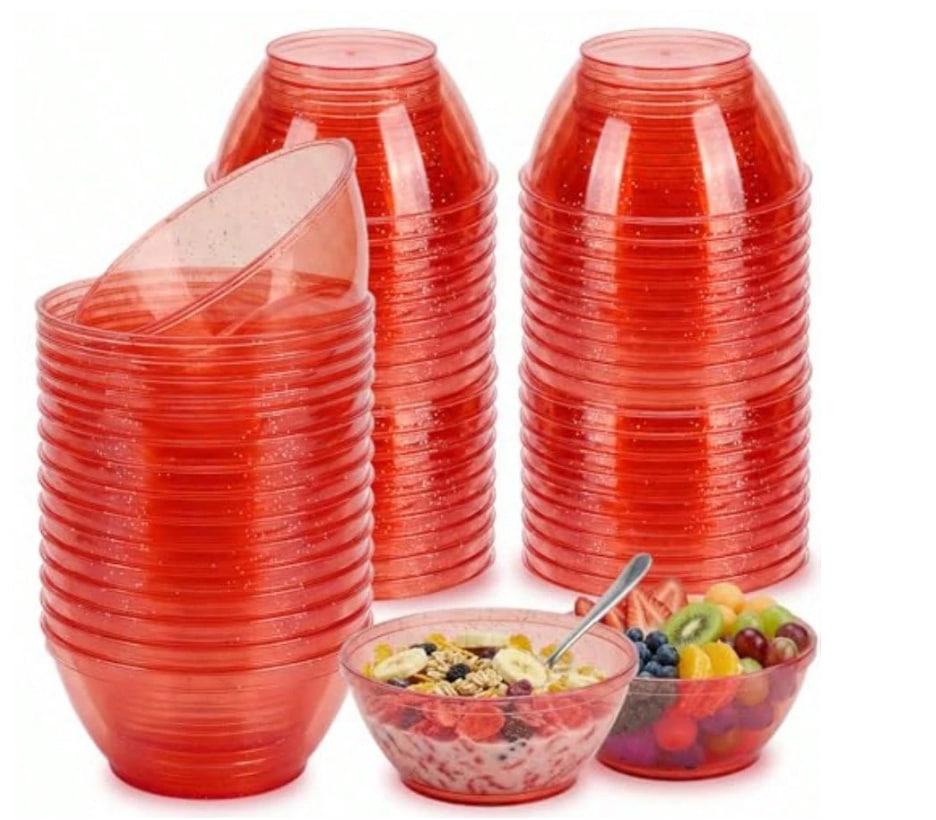 50 Pack 6oz Glitter Red Disposable Plastic Bowls ,Glitter Small Bowls for Ice Cream, Candy, Soup, Salsa, Fruit. Great for Parties Birthday Valentine Day Weddings Baby Showers Holiday Events(Red)