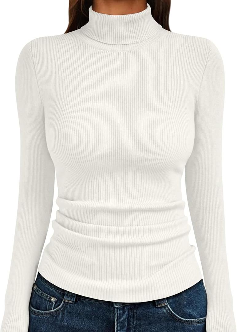 LILLUSORY Womens Turtleneck Ribbed Sweaters Pullover Tops Long Sleeve Winter Clothes 2025 (Small, White)