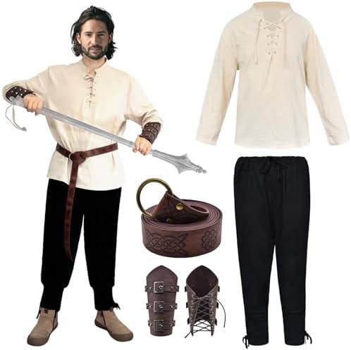 5 Pcs Halloween Men's Pirate Set Renaissance Costume Shirt Ankle Strap Pants Headscarf Belt Medieval Viking,XL