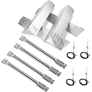 BBQration Stainless Steel Replacement Kit for Master Forge 1010037, 4-Pack Heat Plates Tent Shield, Burner Tube and Ignitors, 2-Pack 7MM Solid Cooking Grates Replacement Part for Master Forge 1010037