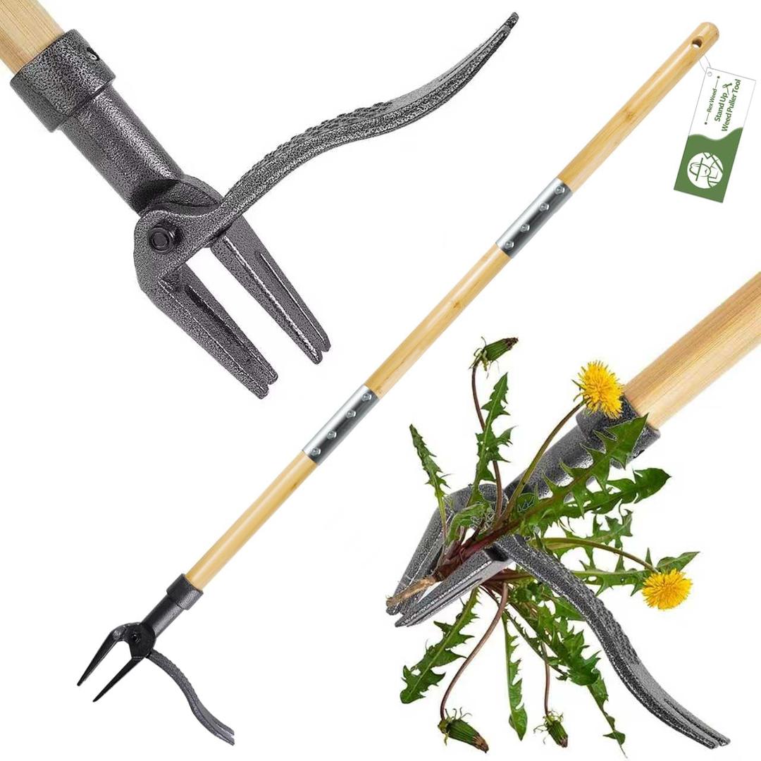 Weed Puller Tool, Stand Up Heavy Duty Weed Remover Tool with Long Handle  4-Claw Steel Head Weeder for Dandelions, Bamboo Garden Hand Weeding Tool, No Kneeling for Easy Root Removal
