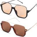 JATEBI 2 Pairs Retro Oversized Aviator Sunglasses Trendy Double Bridge Square Sunglasses 70s Shades UV Protection