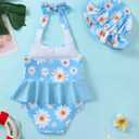 Kucnuzki Baby Girl Swimsuit Newborn One Piece Bathing Suit Bow Tie Bikini Tankini Infant Swimwear with Hat (Blue, S)