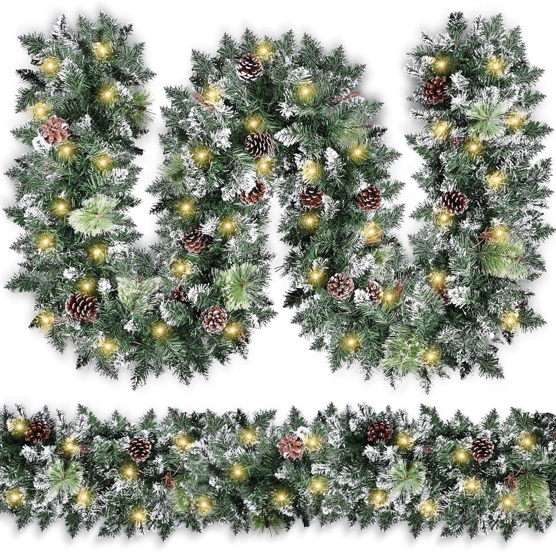 Christmas Garland with Lights, Covanm 9Ft Garland with LED Lights, Artificial Pine Cones and Pine Needles Use for Christmas Decorations and Holiday Mantle Decor
