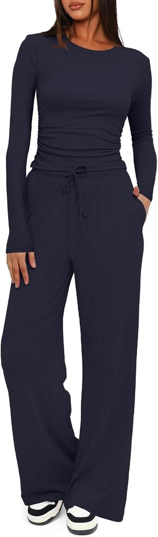 Darong Women's 2 Piece Outfits Lounge Sets 2026 Long Sleeve Tops Wide Leg Pants Casual Matching Set, Size XS (Dark Blue)
