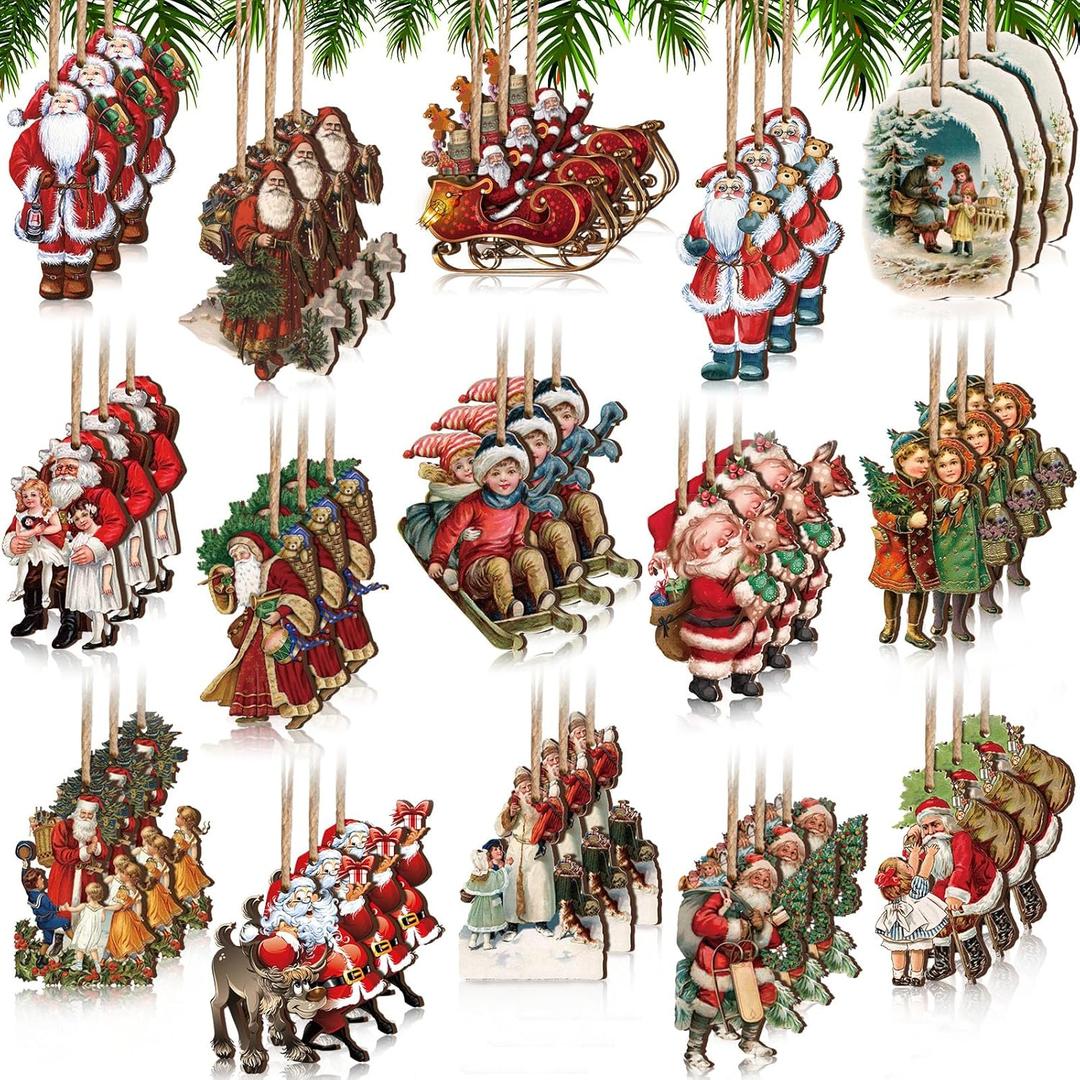 Spiareal 45 Pcs Vintage Christmas Ornaments Santa Claus Child Retro Hanging Decorations Christmas Wood Ornaments for Xmas Tree Winter Holiday Party(Classic)