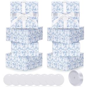 Faccito Blue 8 Pack Floral bridesmaid proposal Gift Boxes 8 x 8 x 4 Inch Flower Paper Boxes with Ribbon Label Card for Wedding Bridesmaid Gift Bridal Baby Shower Birthday Party Favor (Chinoiserie)