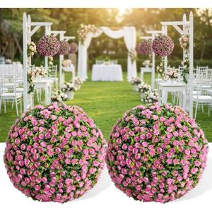PeacefulHues Pink Artificial Topiary Balls 2-Pack, 18 Inch Flower Topiary Ball for Garden & Patio, Wedding Decor, Hanging Floral Decorations