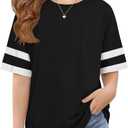 ZDC Girls Striped Short Sleeve T Shirts Kids Crewneck Loose Fit Tunic Tops Summer Tees Blouses 9-10 Years (Black)