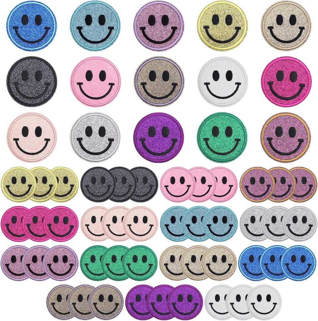 60PCS Smiley Iron on Patches Sequin Round Chenille Cute Smiley Face Patches for Diverse Range of Fabric Clothes DIY Projects