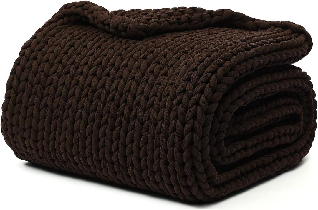 YnM Cotton Weighted Blanket, Handmade Chunky Knitted Design, Soft and Cozy, Temperature Regulating and Breathable, Machine Washable Throw for Sleep or Home Decor (Chocolate Brown, 48x72 Inch, 20lbs)