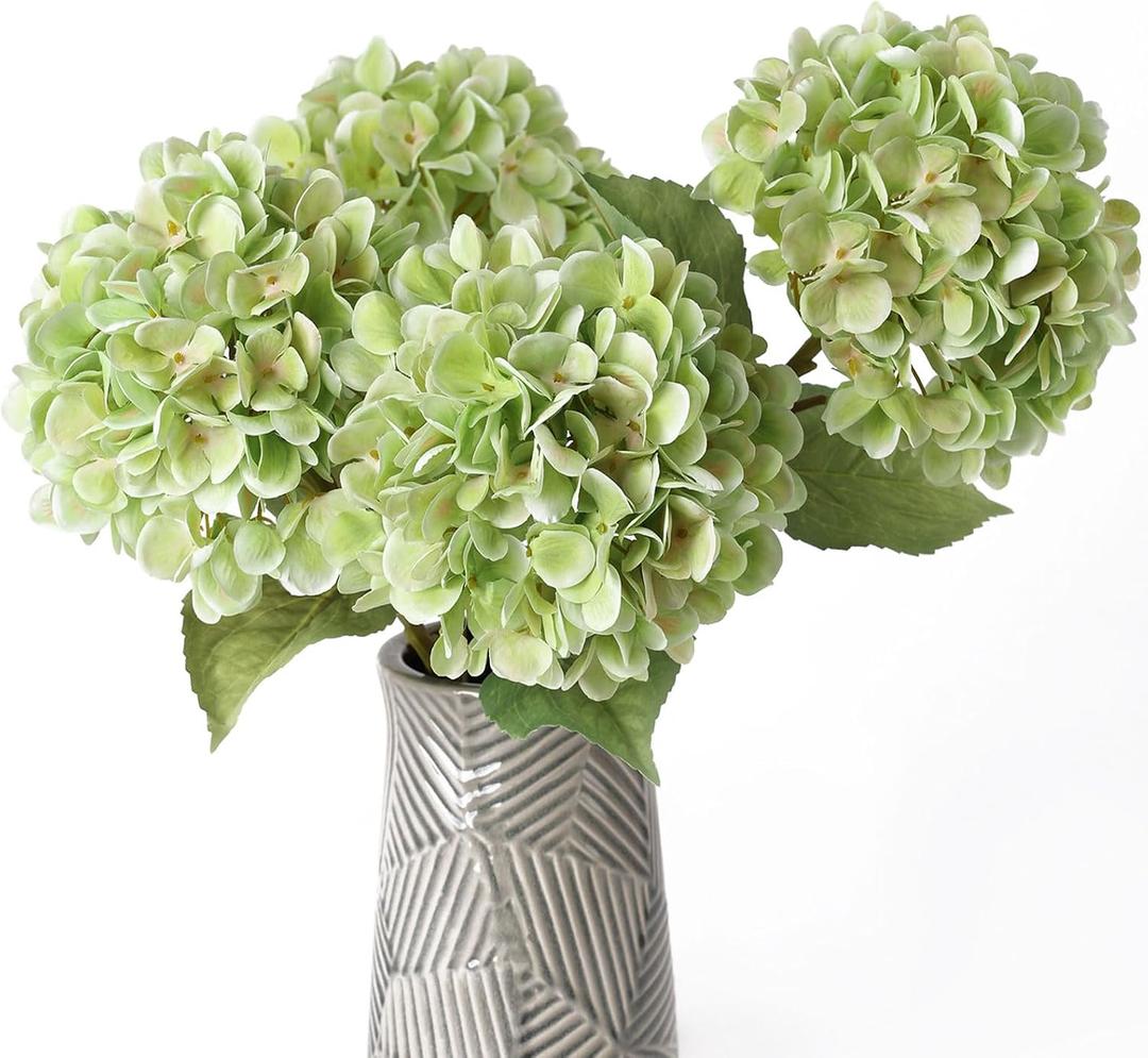 mizii 4Pcs Green Artificial Hydrangea Flowers Large Fake Silk Hydrangea Flower with Leaves Stems Realistic Faux Hydrangeas Decorations for Wedding Table Centerpieces Vase Home Decor (Light Green)