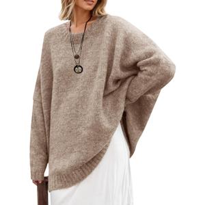 Saodimallsu Womens Oversized Tunic Sweaters Long Sleeve Crew Neck Chunky Knit Slouchy Casual Pullover Sweater Tops (Medium, Khaki)