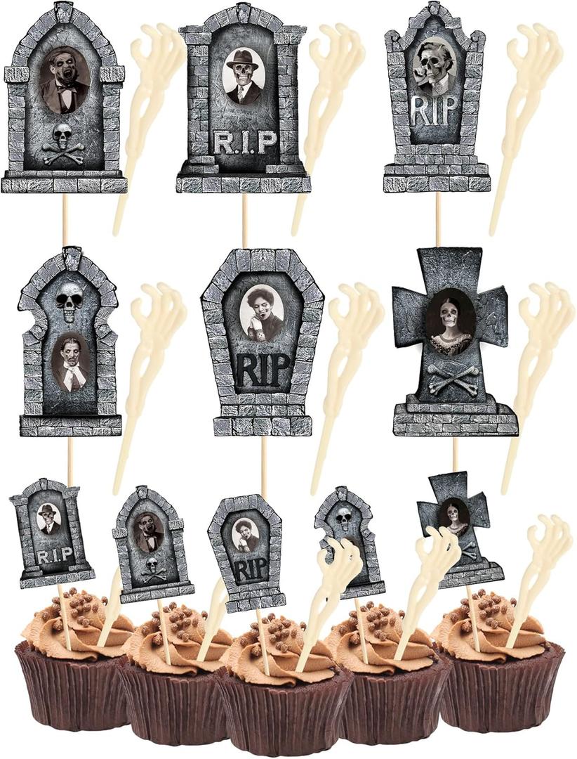 48 Pcs Halloween Cupcake Toppers Tombstones with 3D Changing Face Moving Pictures Skeleton Hand Tongs Graveyard Topper Halloween Cake Food Decoration Party Supplies (Brick Style)
