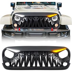 Front Grill Compatible with 2007-2018 Jeep Wrangler JK JKU, Shark Grille w/DRL Turn Signal Lights, Matte Black