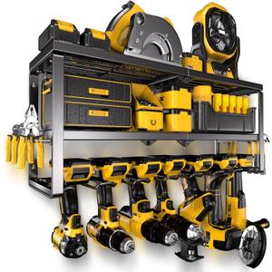 Power Tool Organizer for Tool Storage, Drill Holder Wall Mount with Charging Station, Tool Holder and Storage Rack for Garage Organization, Heavy Duty Metal Tool Shelf with Battery Holder (3 shelves 7 slots)